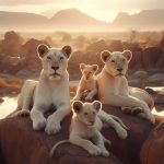 A Tranquil Scene of a White Lion Family on a Rocky Outcrop