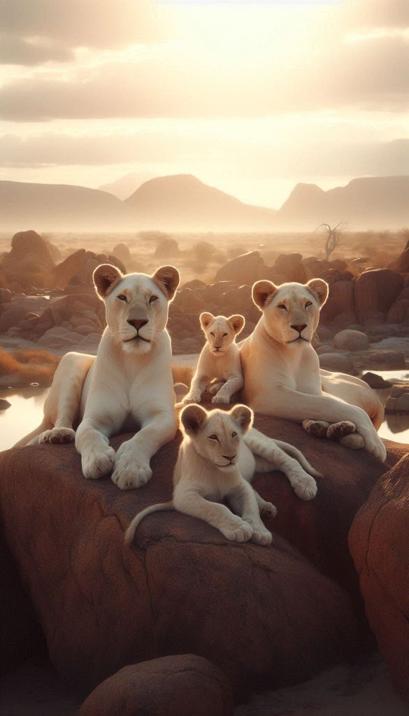 A Tranquil Scene of a White Lion Family on a Rocky Outcrop