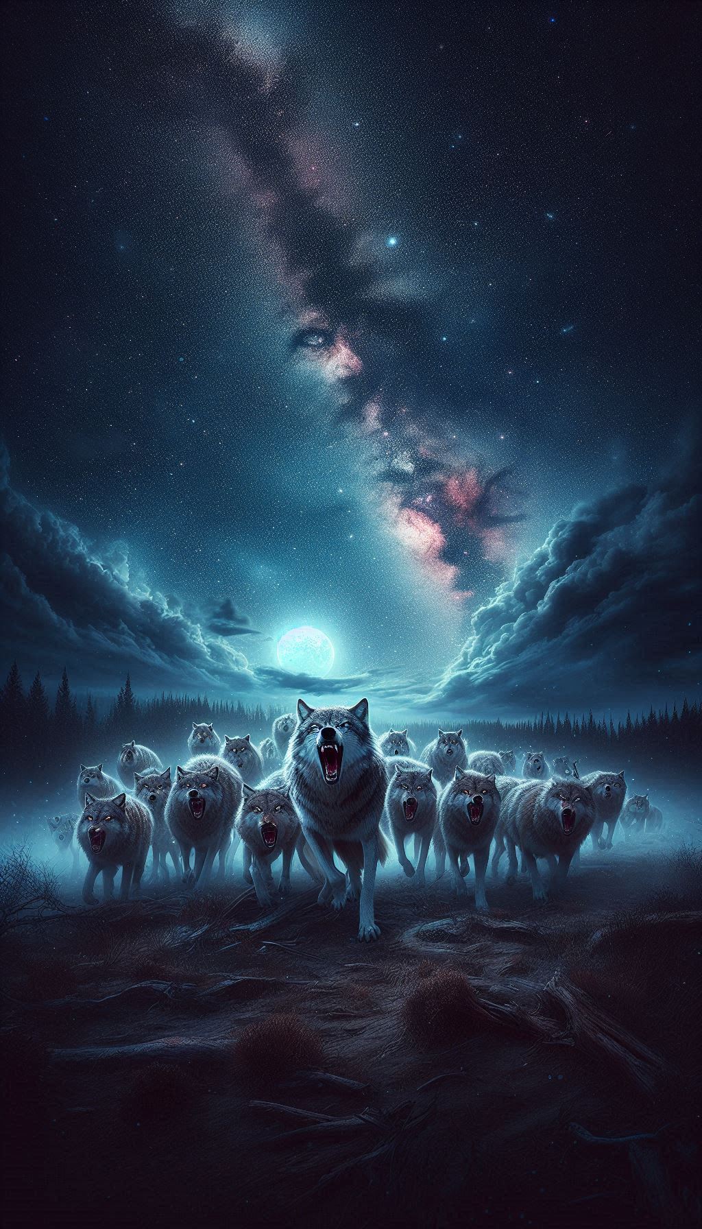 A group of wolves howling together under a starry sky iPhone wallpaper
