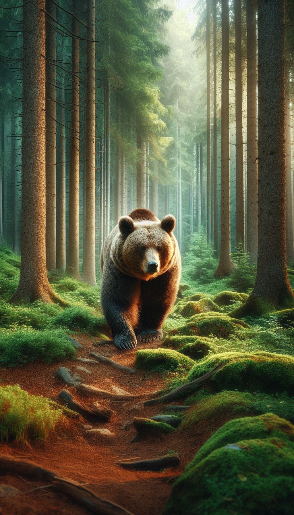 A majestic brown bear roaming through a lush forest for your smartphone