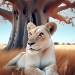 A majestic white lioness sitting serenely under a baobab tree for your mobile