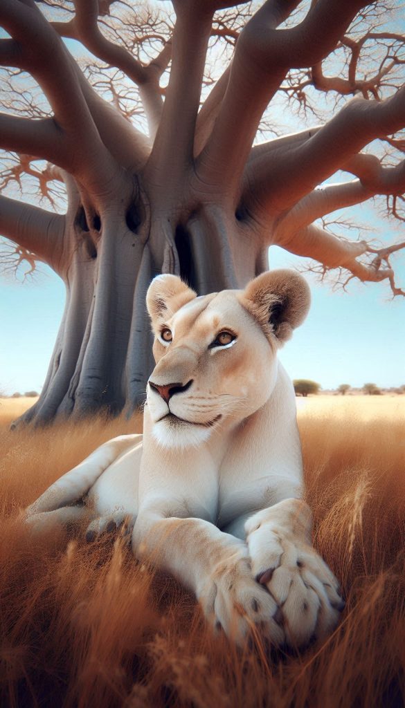 A majestic white lioness sitting serenely under a baobab tree for your mobile
