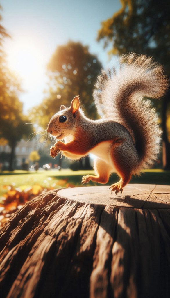 A playful squirrel chasing its tail in a sunny park wallpaper for mobile