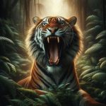 A powerful roaring tiger sitting among lush vegetation wallpaper photos for your phone