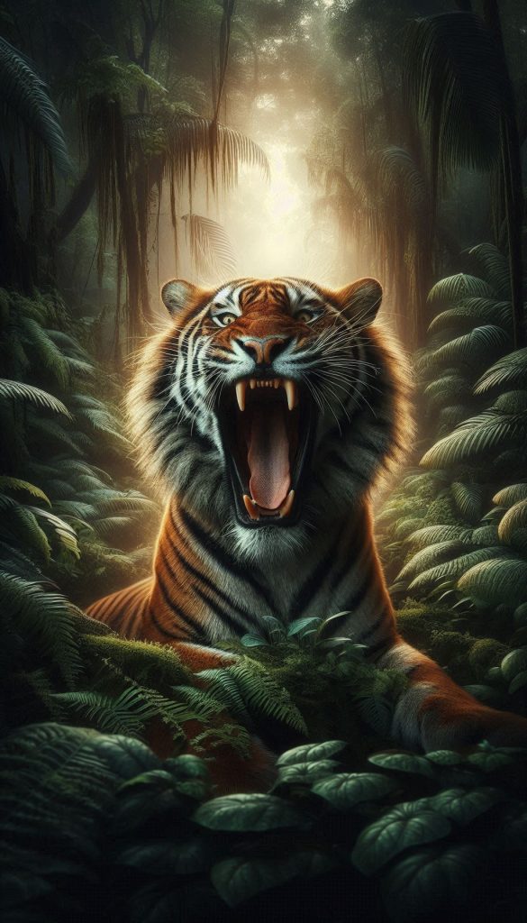 A powerful roaring tiger sitting among lush vegetation wallpaper photos for your phone