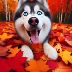 A relaxing playful husky amidst a background of vibrant autumn leaves for iPhone