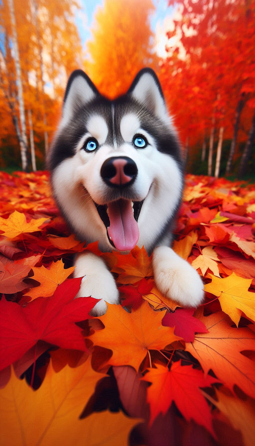 A relaxing playful husky amidst a background of vibrant autumn leaves for iPhone
