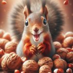 A squirrel with a funny expression surrounded by nuts for mobile wallpaper