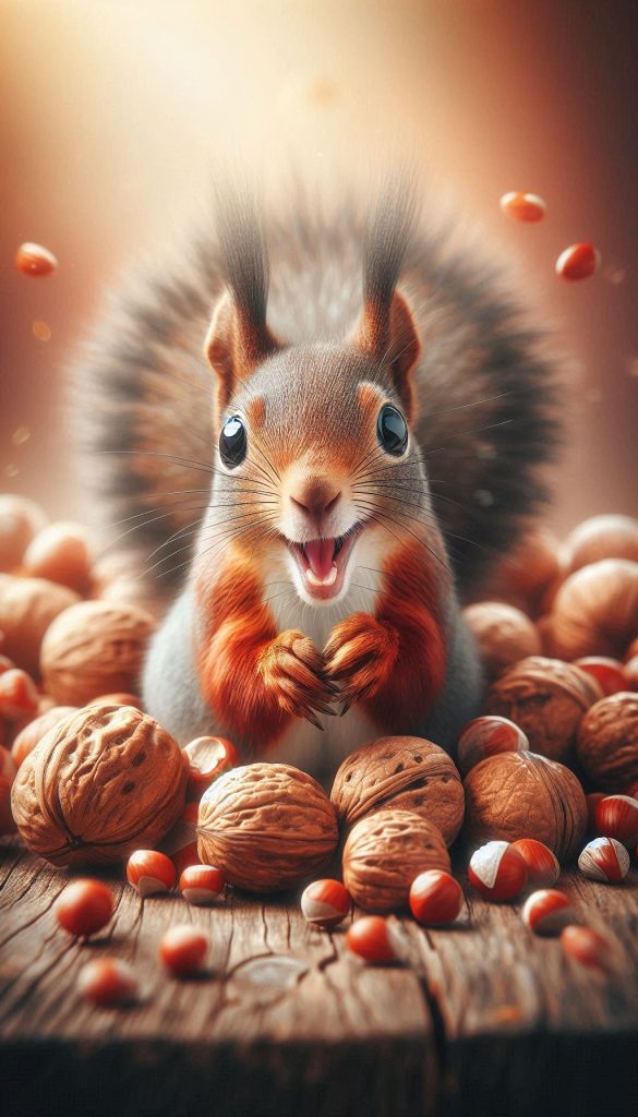 A squirrel with a funny expression surrounded by nuts for mobile wallpaper