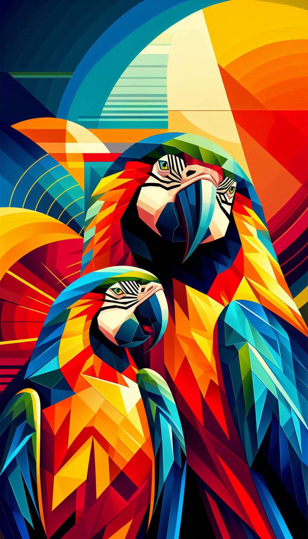 Abstract art of parrots macaw wallpapers in bold colors and geometric shapes for iPhone