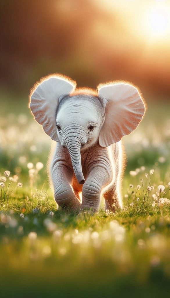 Adorable Baby Elephant Playing in a Sunlit Meadow