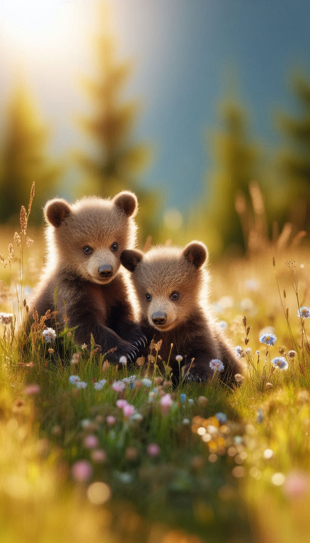 Adorable Bear Cubs Playing in a Sunny Meadow