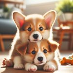 Adorable Corgi Siblings Playing Together Heartwarming Wallpaper