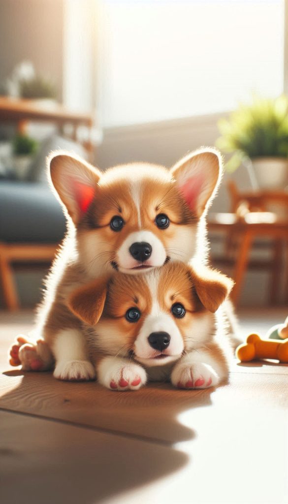 Adorable Corgi Siblings Playing Together Heartwarming Wallpaper