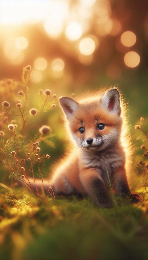 Adorable Fox Cub Playing in a Sunlit Meadow Wallpaper