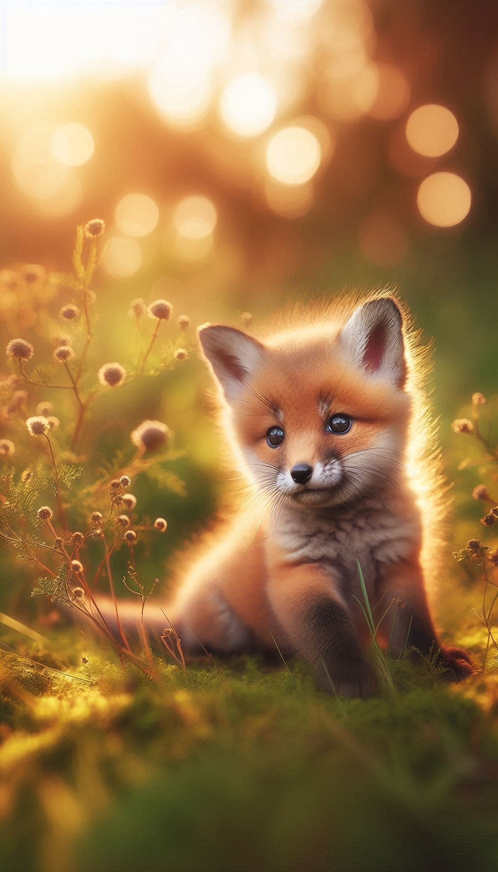 Adorable Fox Cub Playing in a Sunlit Meadow Wallpaper