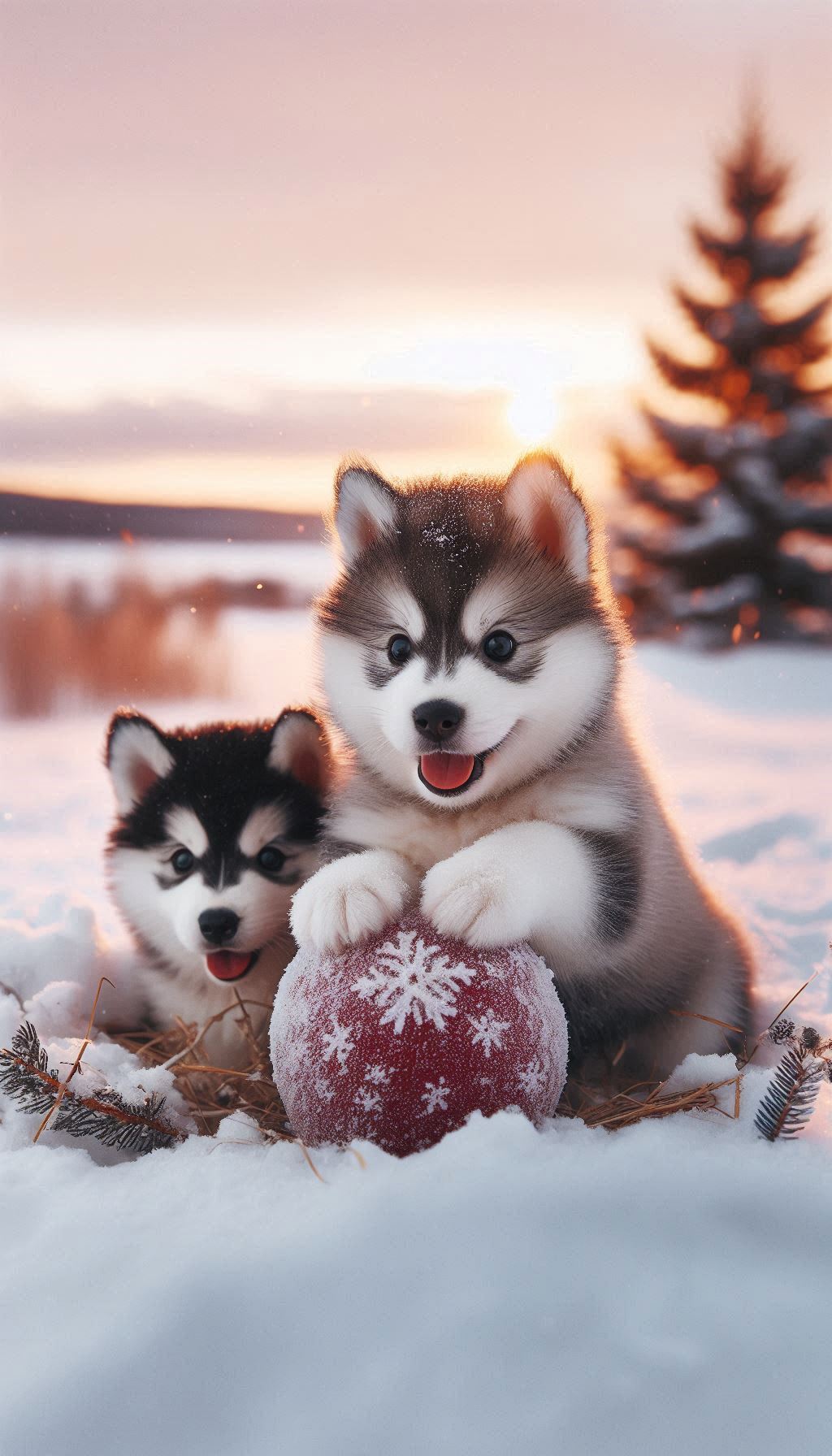Adorable Husky Puppies Playing in a Snowy Landscape