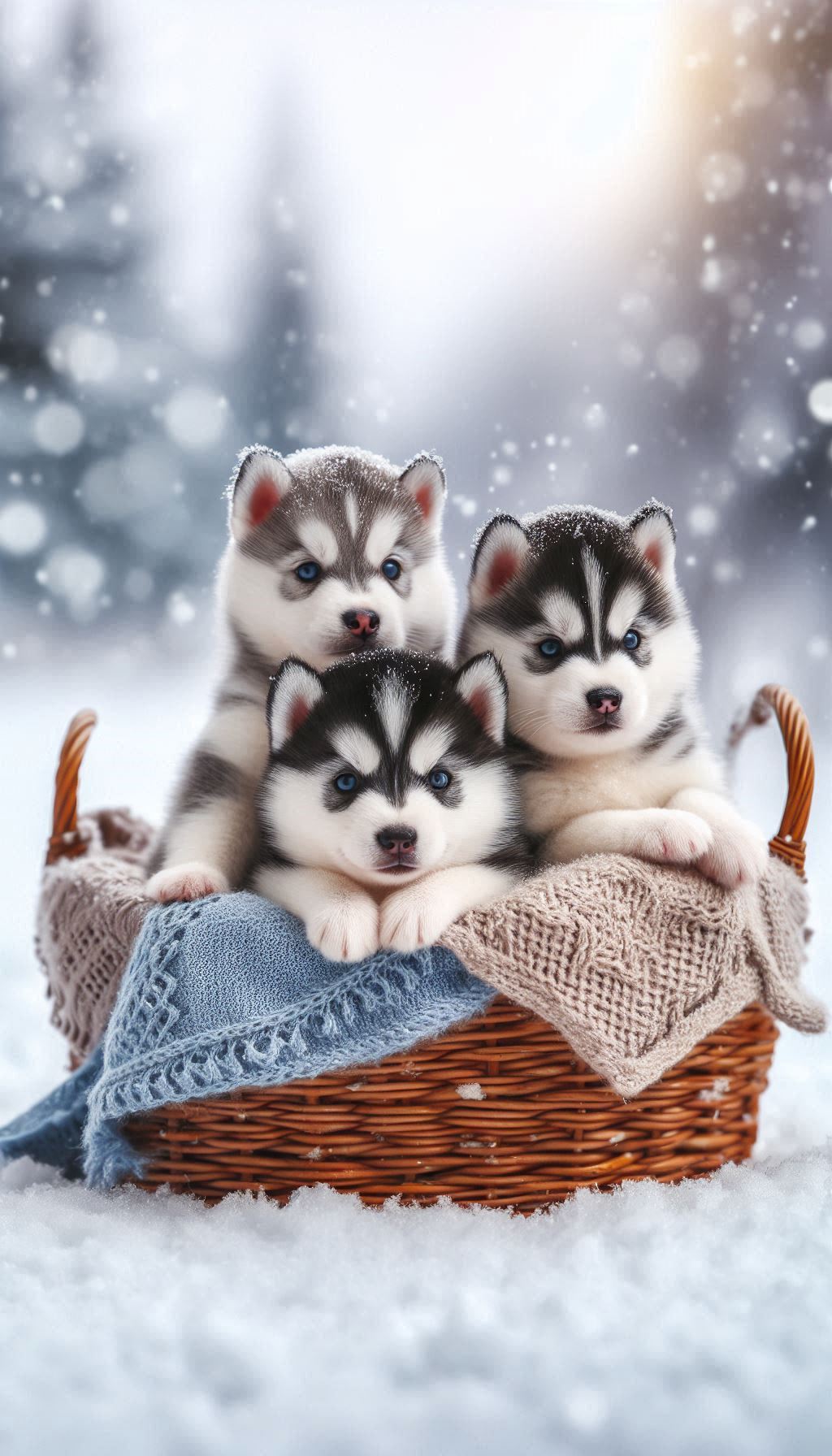Adorable Husky puppies sitting in a snowy landscape mobile wallpaper for Android