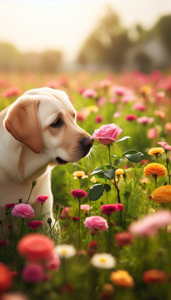 Adorable Labrador Retrieving a Single Rose in a Flower Field