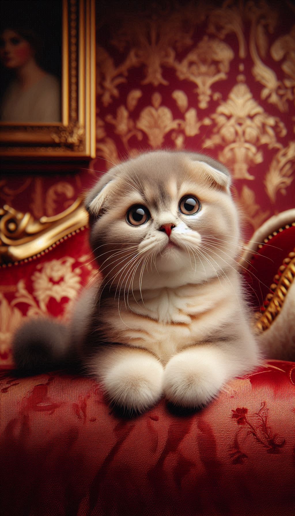 Adorable Laika cat posing on elegant red wallpaper HD digital background