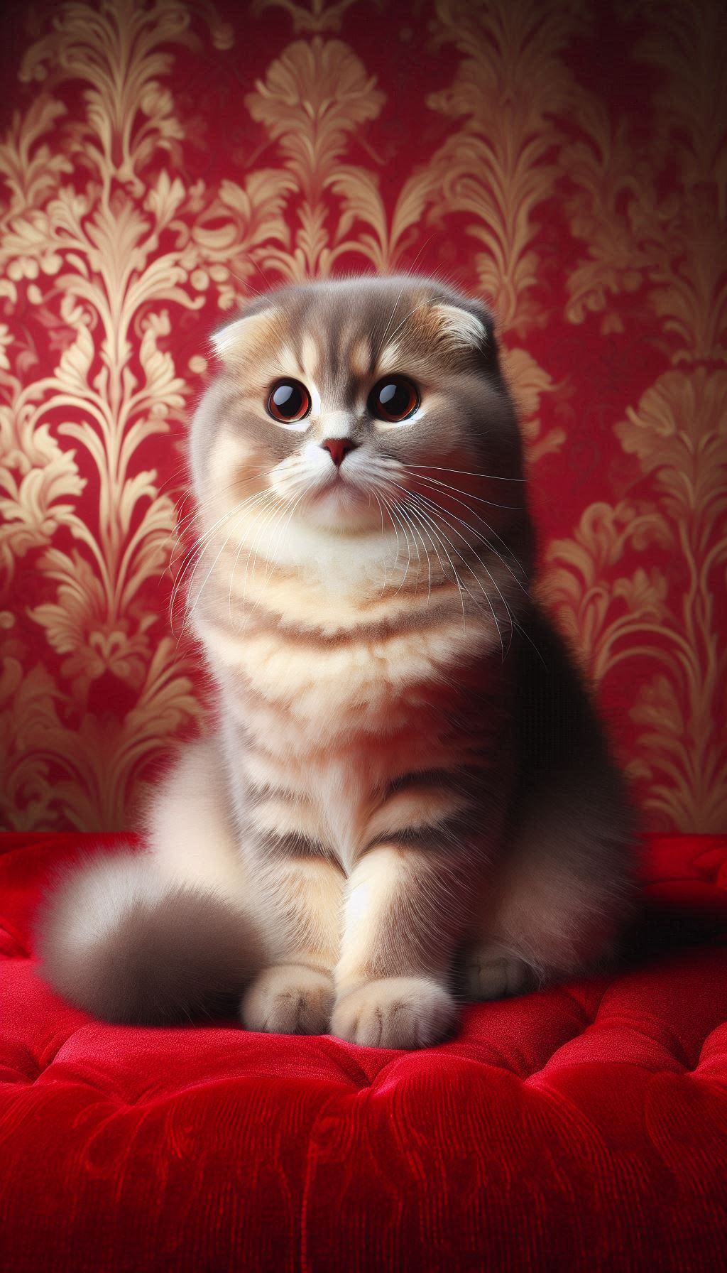 Adorable Scottish Fold Cat Posing on Elegant Red Wallpaper