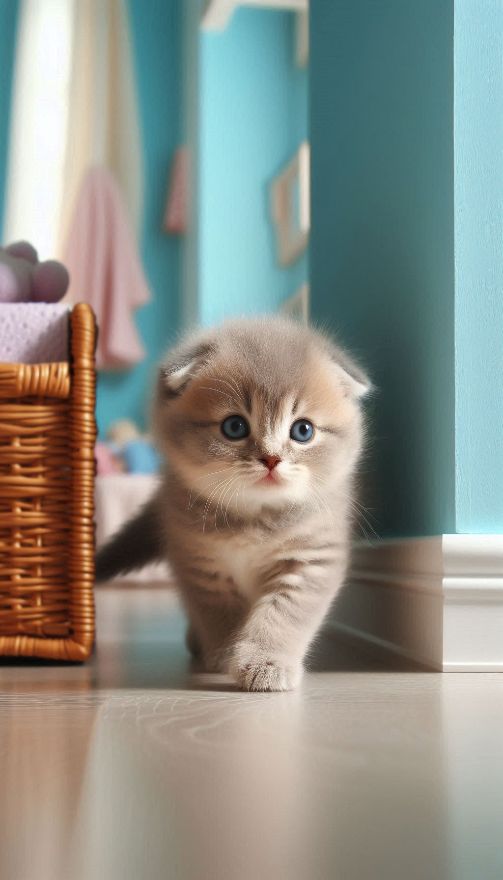 Adorable Scottish Fold Kitten Exploring a Room with Soft Blue Walls