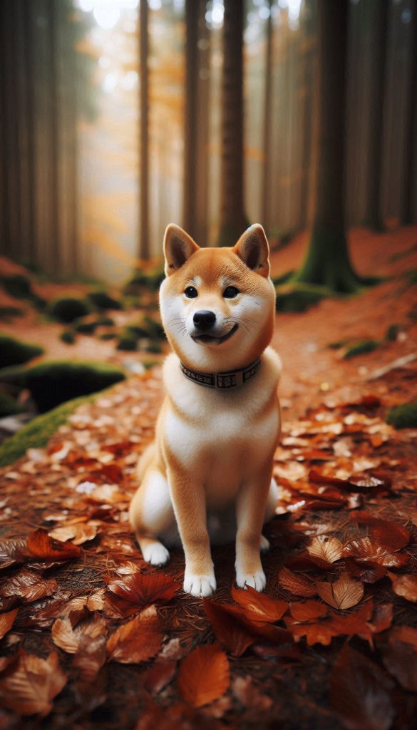 Adorable Shiba Inu Sitting on a Forest Path Covered in Leaves