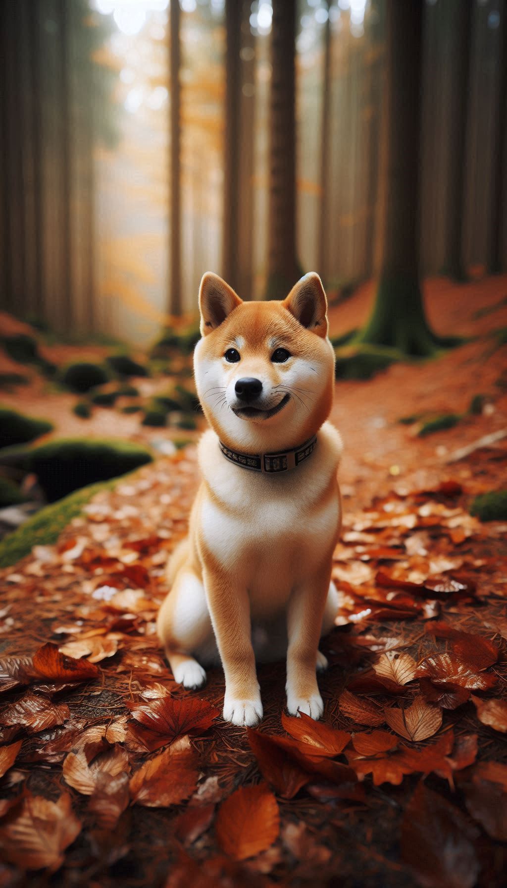 Adorable Shiba Inu Sitting on a Forest Path Covered in Leaves
