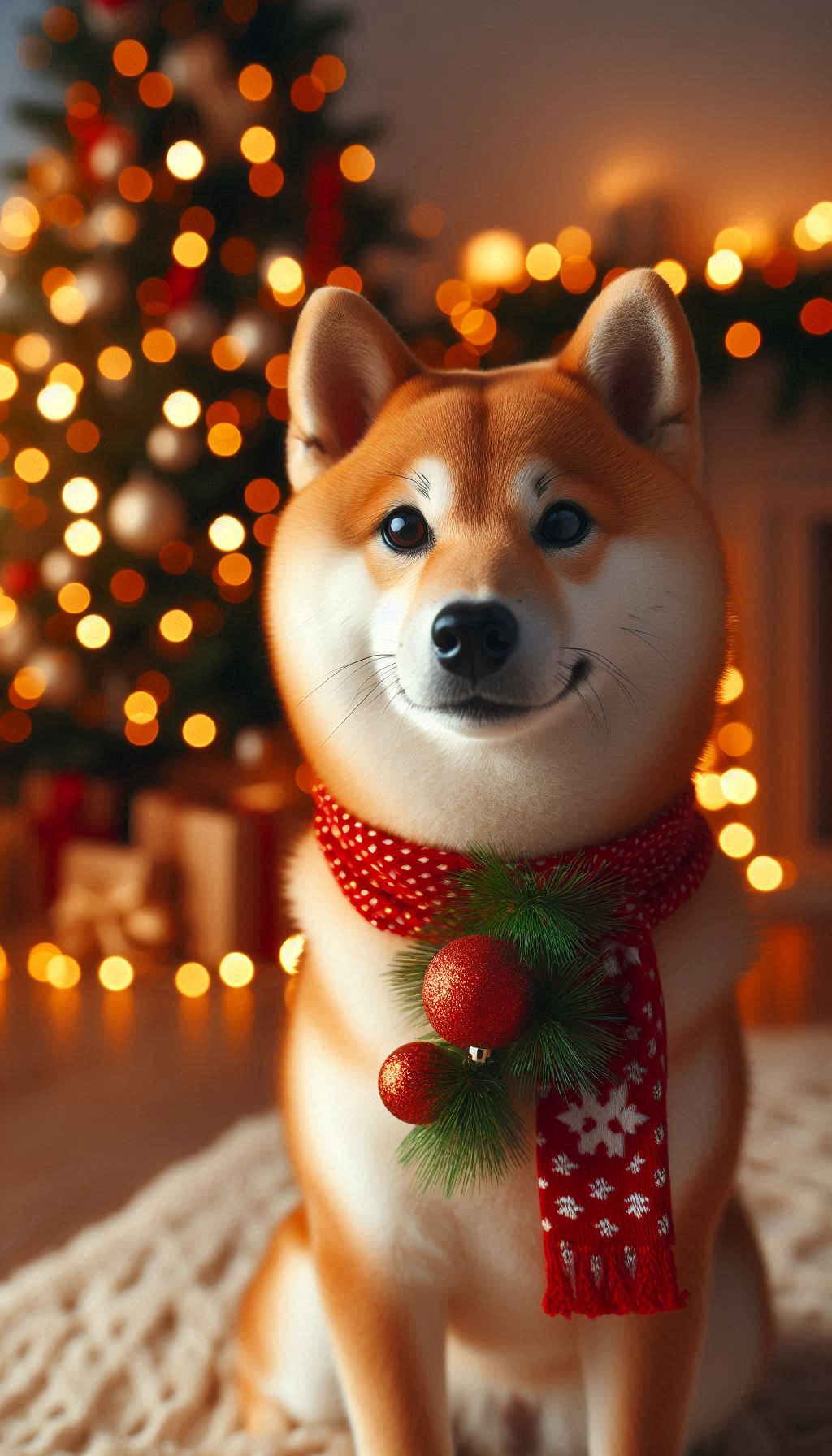 Adorable Shiba Inu photo background lit by festive lights