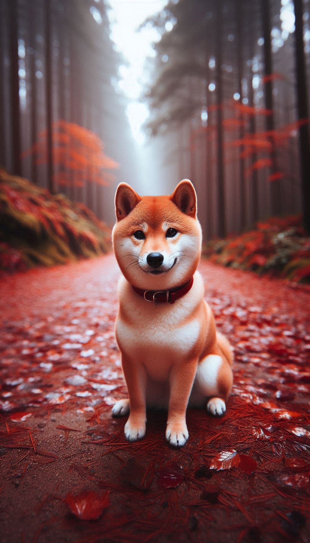 Adorable Shiba Inu sitting peacefully on leaf covered forest path HD background