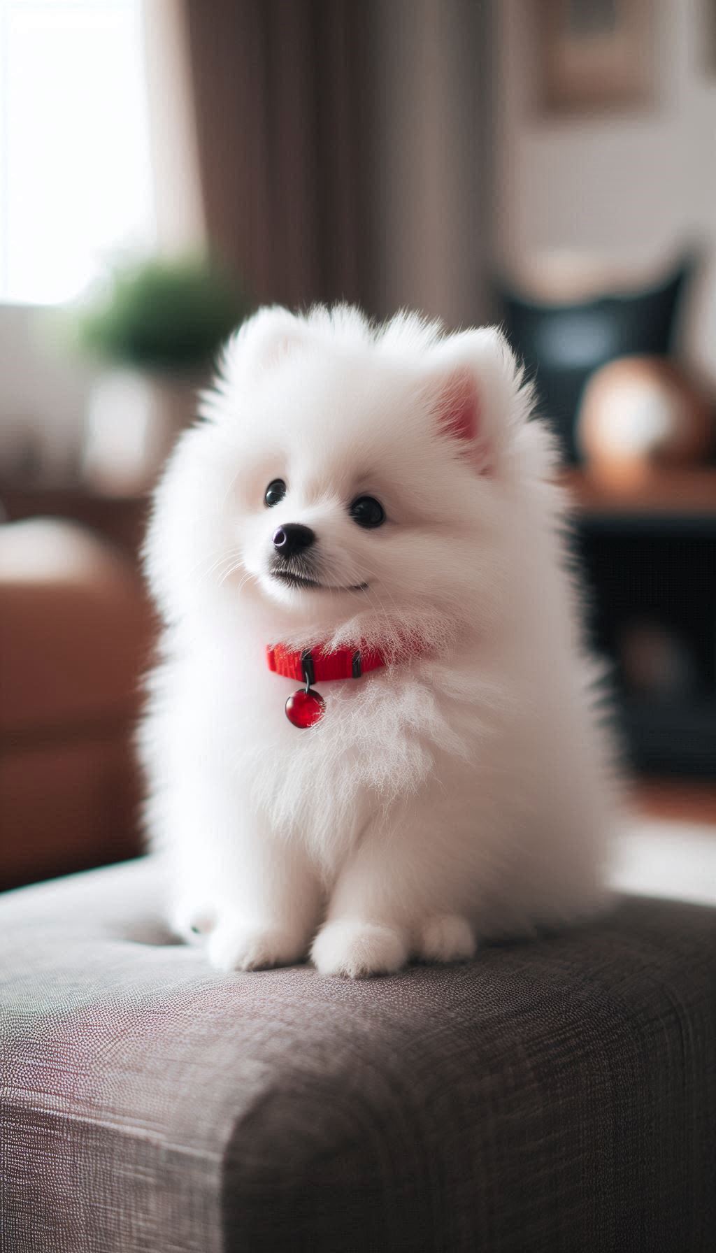 Adorable White Spitz Puppy with a Bright Red Collar