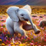 Adorable baby elephant HD wallpaper for mobile having fun in a field of wild flowers