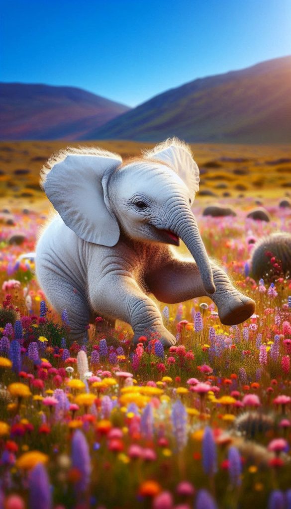 Adorable baby elephant HD wallpaper for mobile having fun in a field of wild flowers