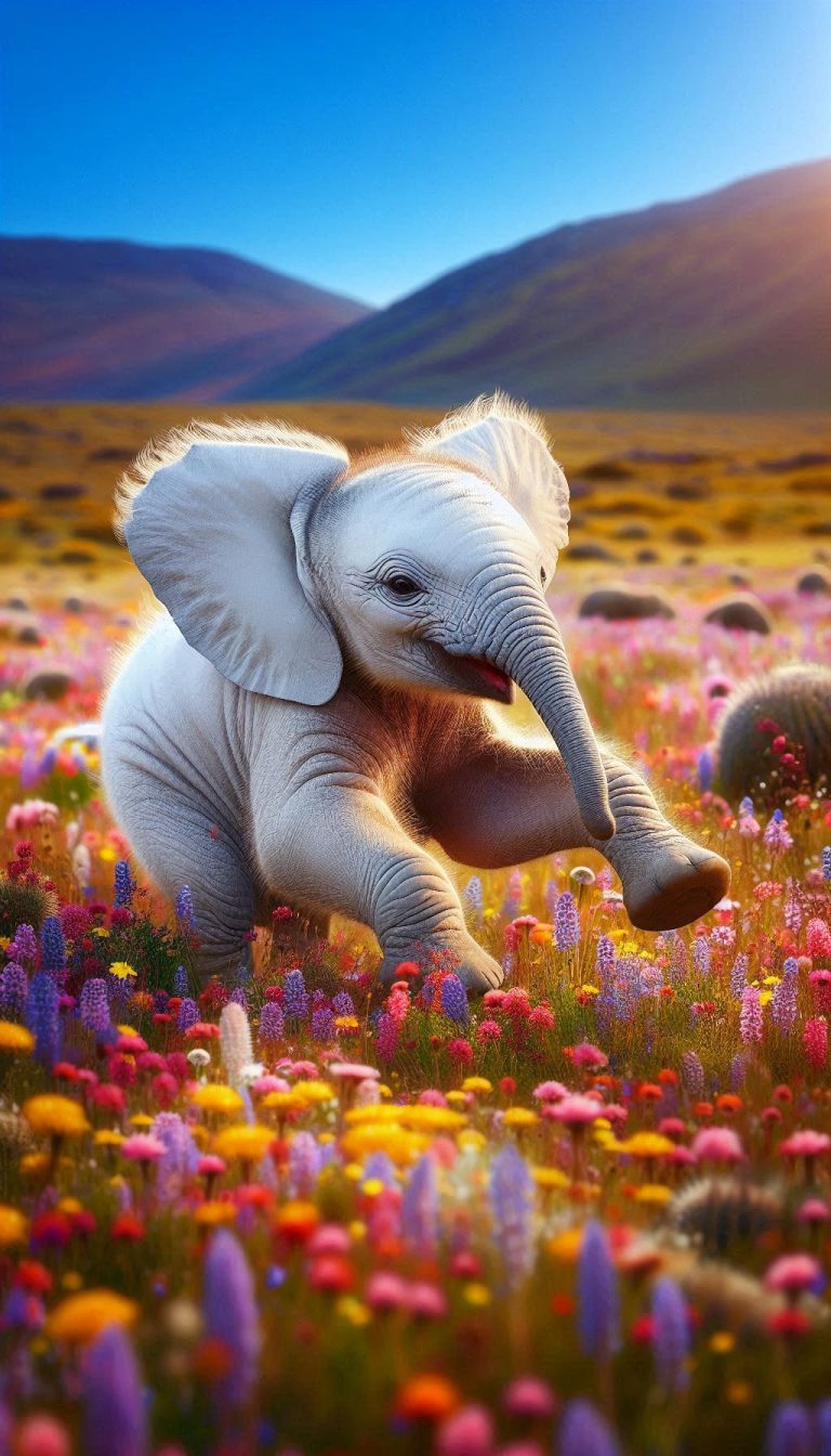 Adorable baby elephant HD wallpaper for mobile having fun in a field of wild flowers