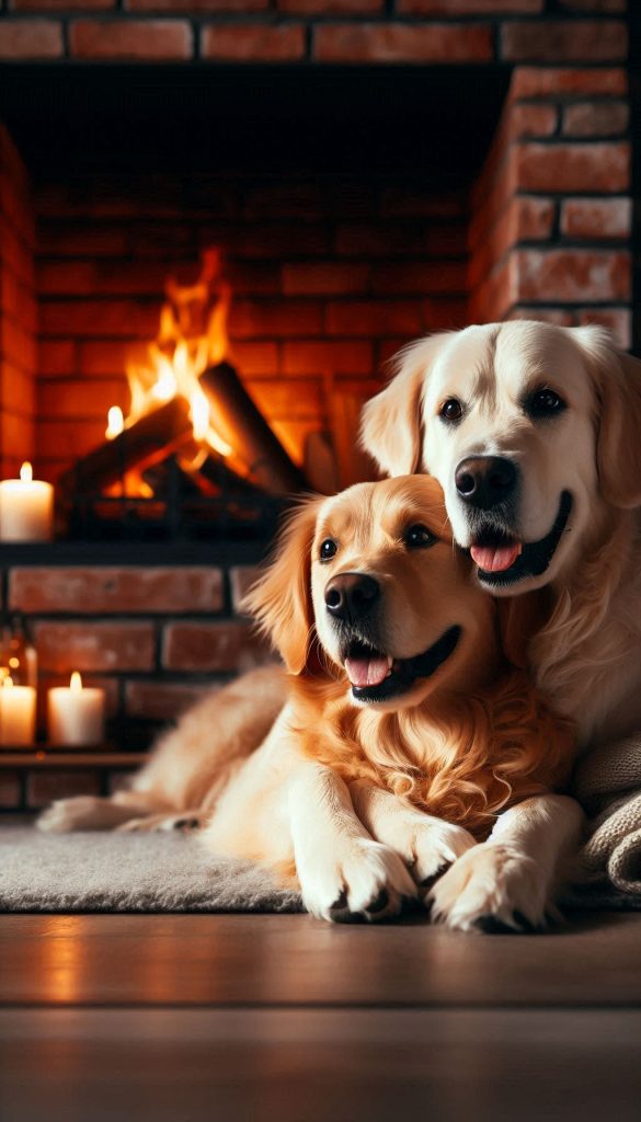 Adorable golden retriever couple hugging near fireplace hd wallpaper for mobile