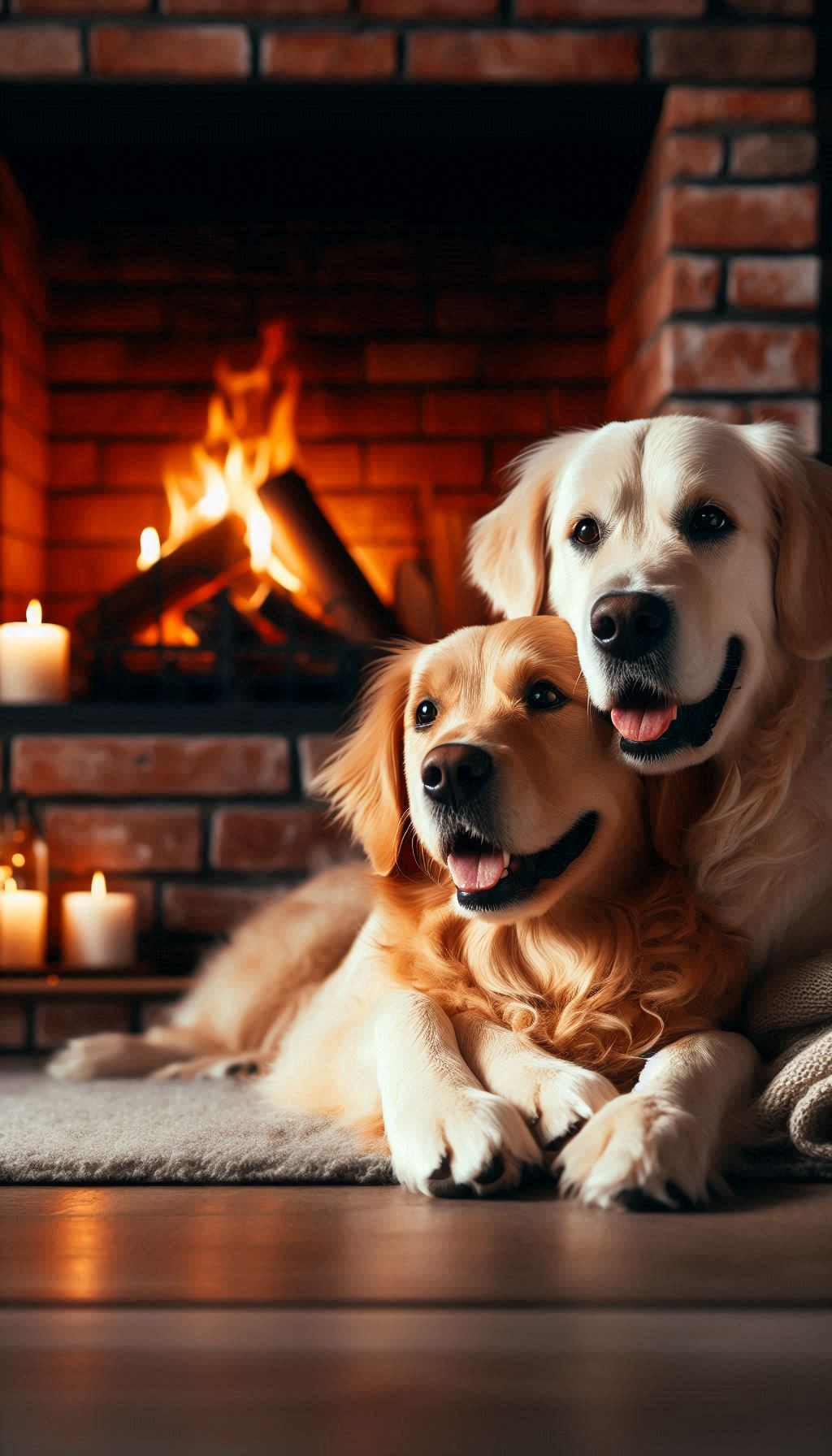 Adorable golden retriever couple hugging near fireplace hd wallpaper for mobile