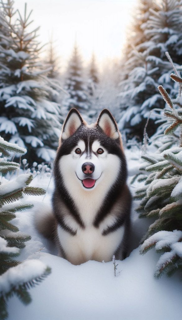 Adorable husky dog ​​surrounded by snow covered pines background for phone