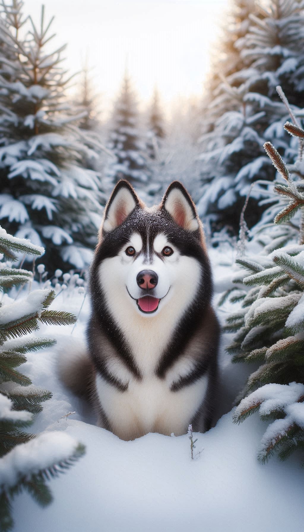 Adorable husky dog ​​surrounded by snow covered pines background for phone