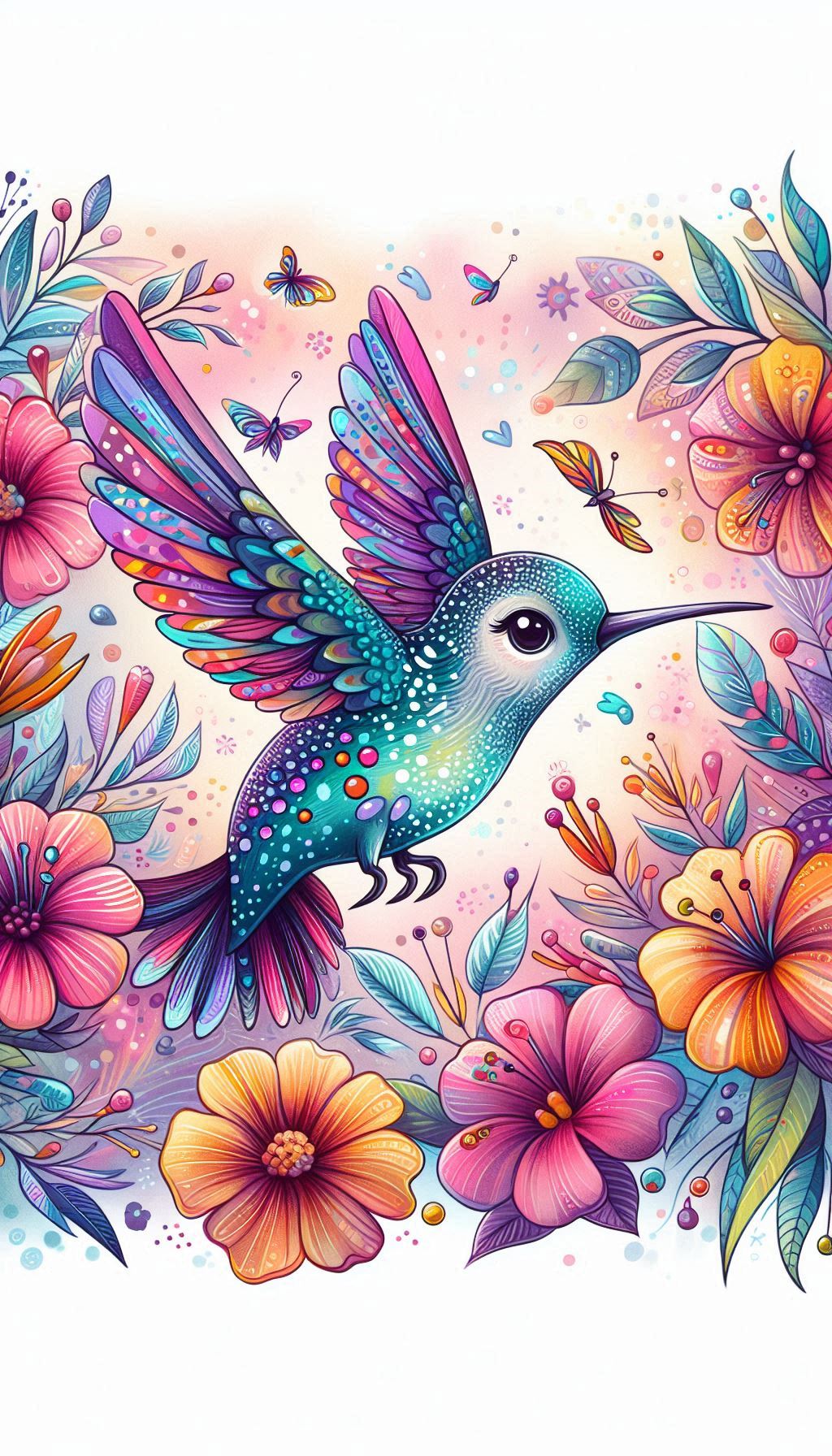 Adorable spotted hummingbird dancing among colorful flowers for Android phones