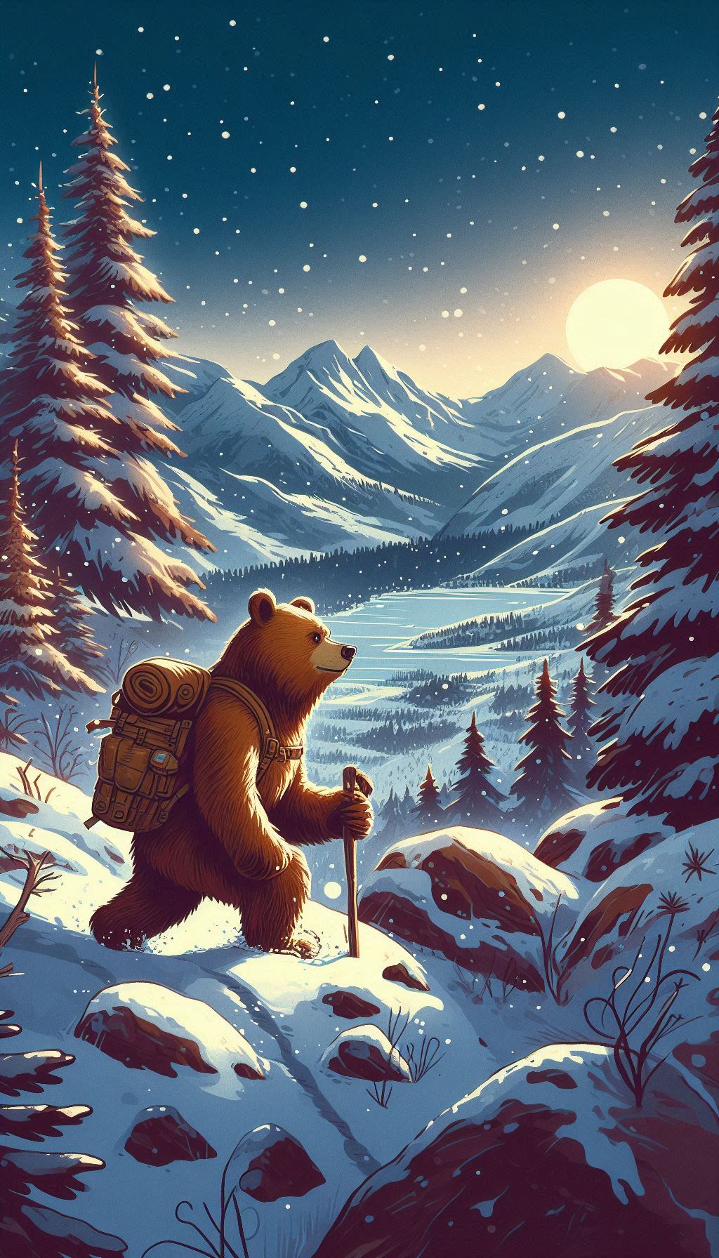 Adventurous Bear Exploring a Snowy Landscape