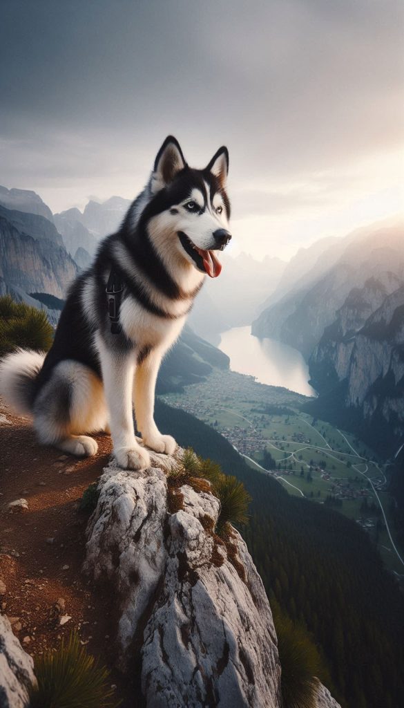 Adventurous Husky Posing on a Cliff Overlooking the Valley