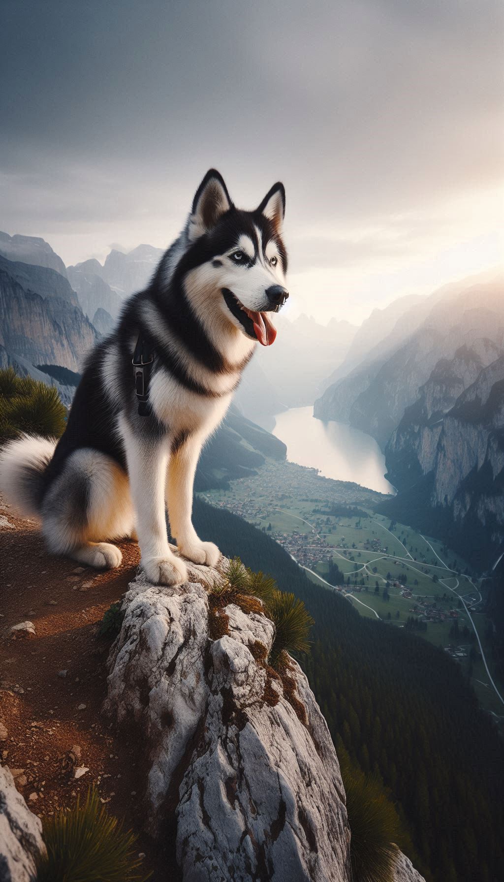 Adventurous Husky Posing on a Cliff Overlooking the Valley