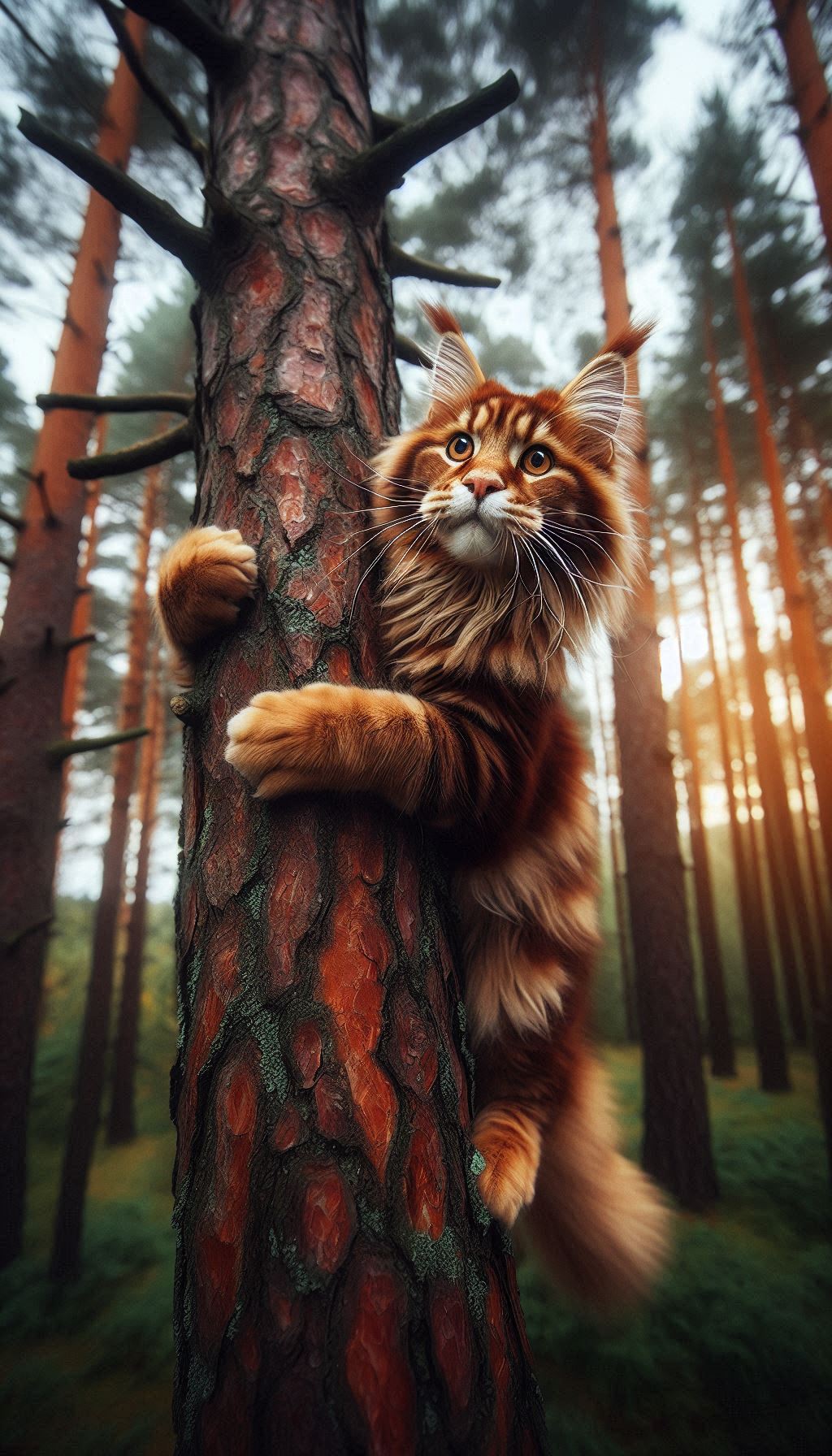 Adventurous Maine Coon Cat Climbing a Tall Tree
