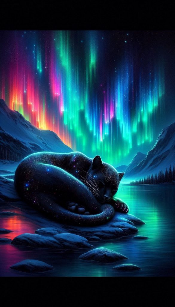 Artistic Black Panther Sleeping Under the Northern Lights Magical Wallpaper