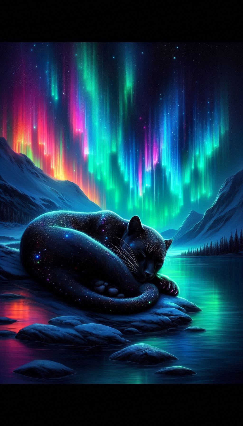 Artistic Black Panther Sleeping Under the Northern Lights Magical Wallpaper