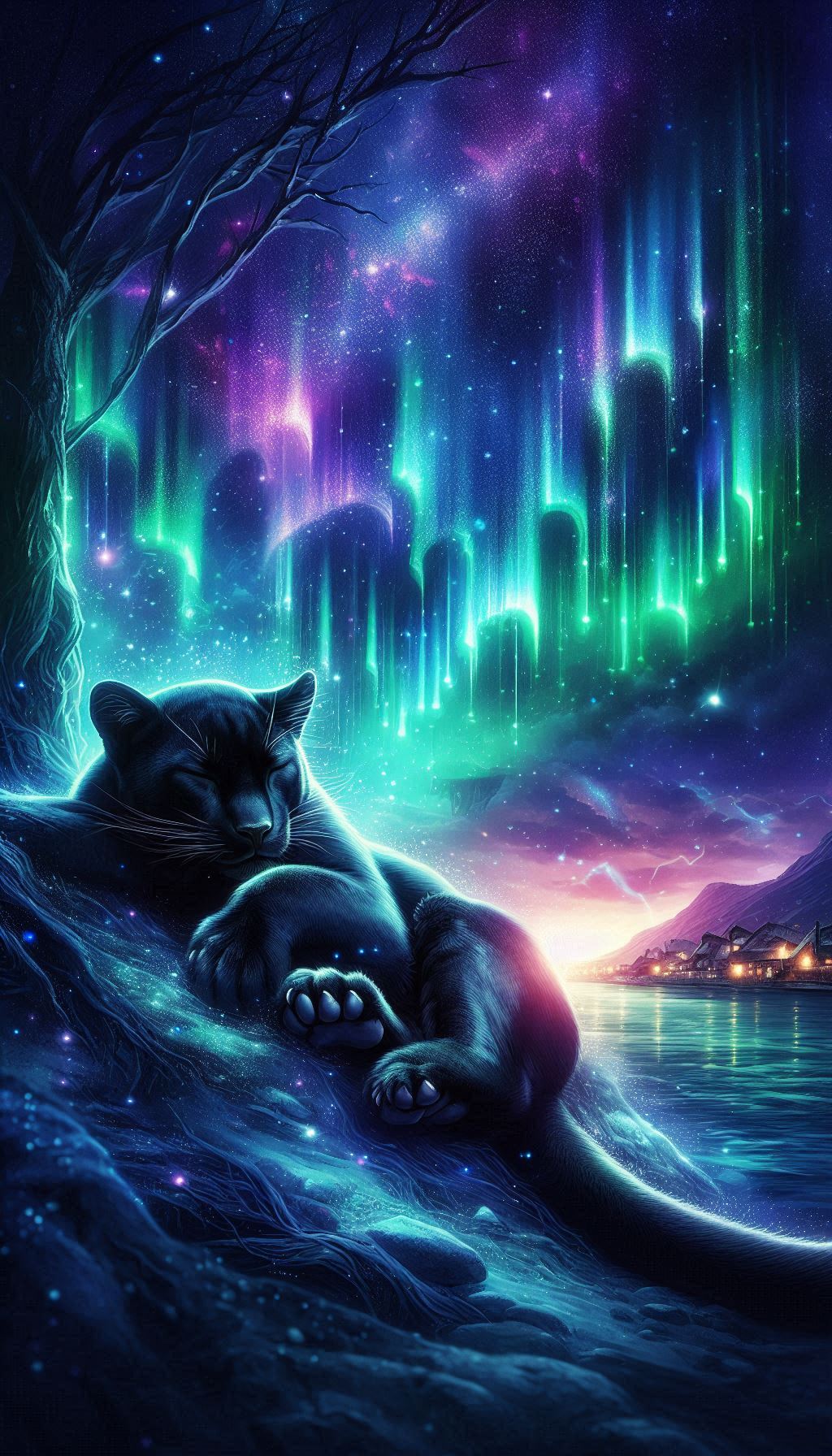 Artistic Black Panther sleeping under the northern lights magical wallpaper download