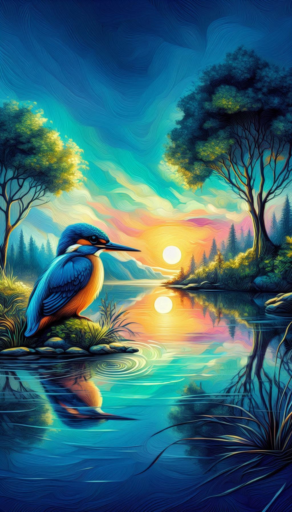 Artistic Illustration of a Kingfisher in a Tranquil Landscape
