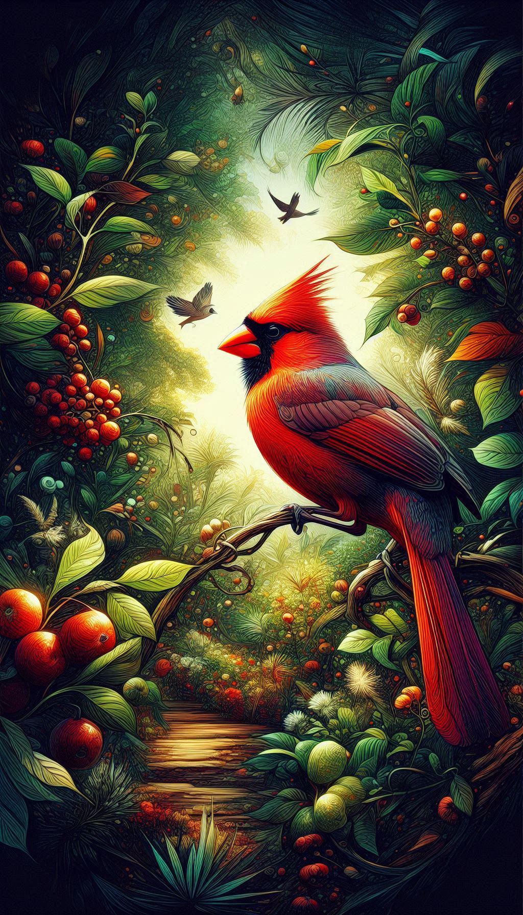 Artistic Illustration of a Northern Cardinal in a Lush Garden