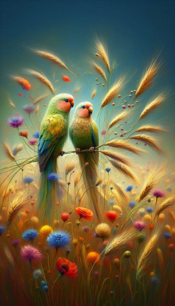 Artistic Representation of Grass Parrots in a Wildflower Field