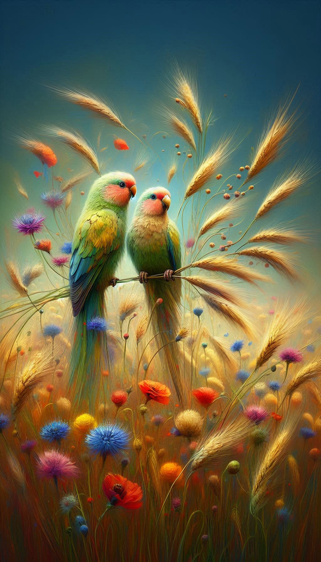 Artistic Representation of Grass Parrots in a Wildflower Field